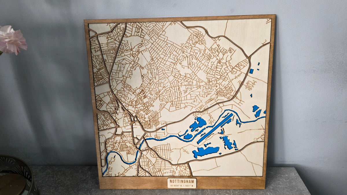 Full front view of personalised engraved wooden Nottingham map