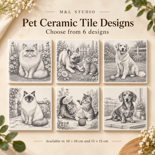 M&L Studio pet ceramic tile collection showing six cat and dog designs