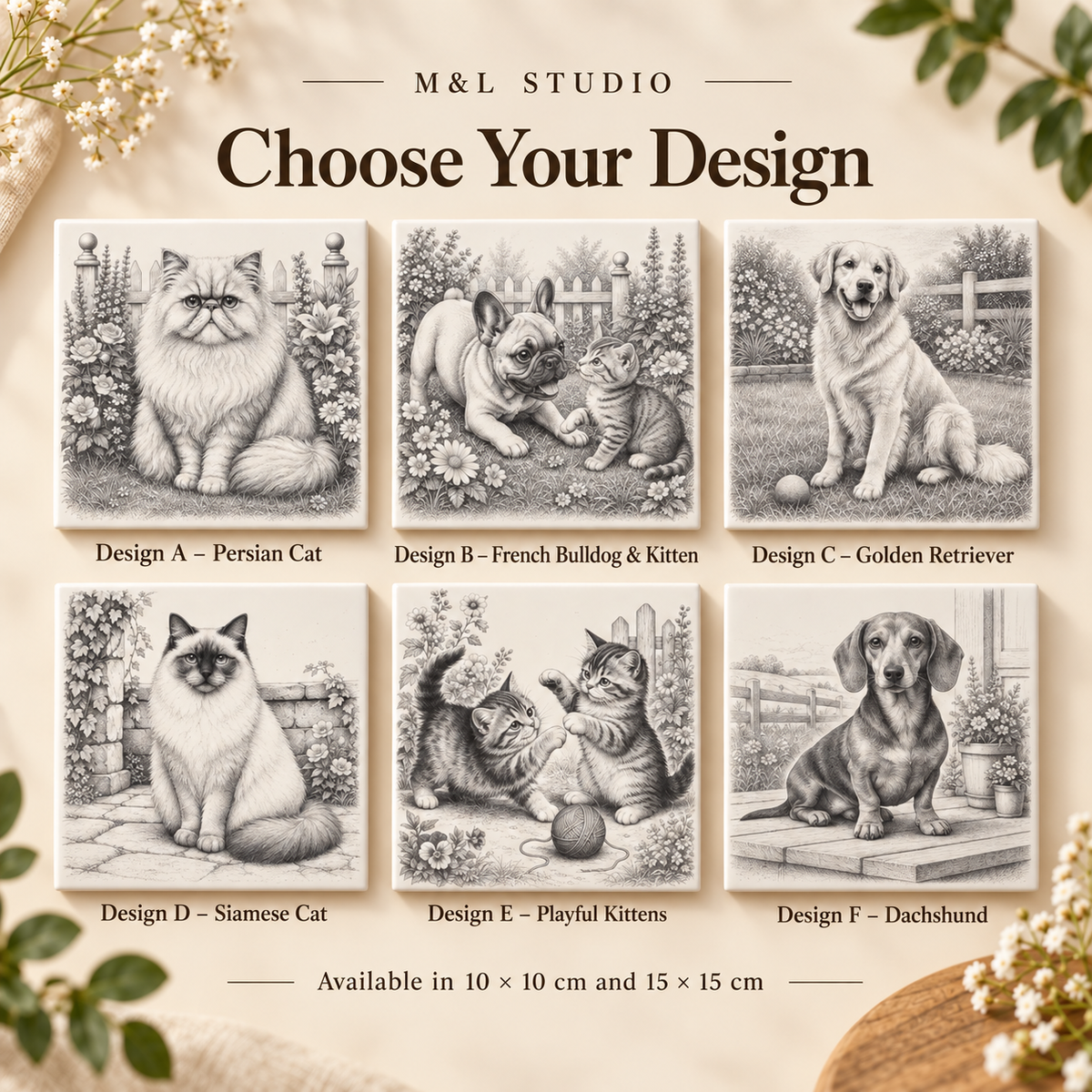 Pet ceramic tile size guide showing 10 × 10 cm and 15 × 15 cm options