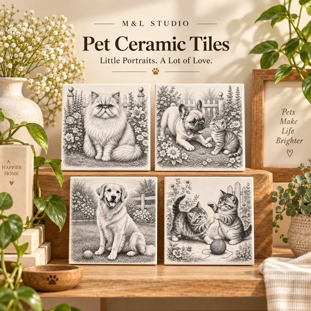 Pet ceramic tiles displayed in a warm home setting
