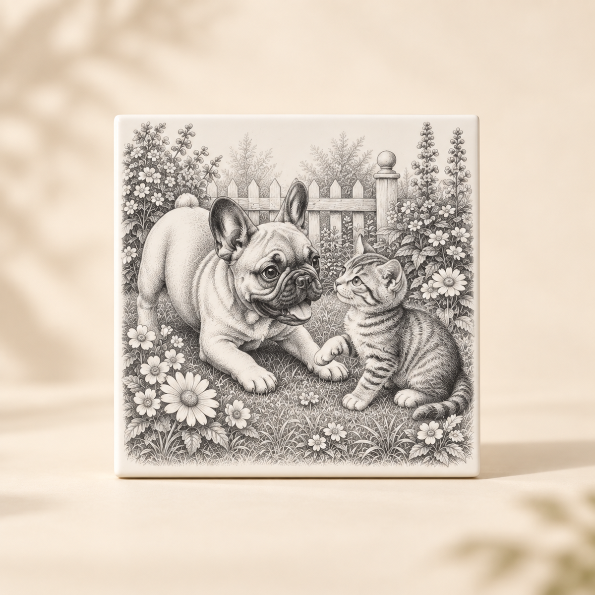 Design B French bulldog and kitten ceramic tile