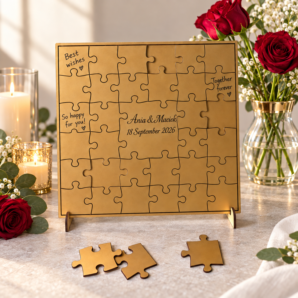 Puzzle guest book with guest wishes in an elegant wedding setting