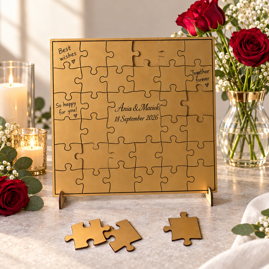 Puzzle guest book with guest wishes in an elegant wedding setting