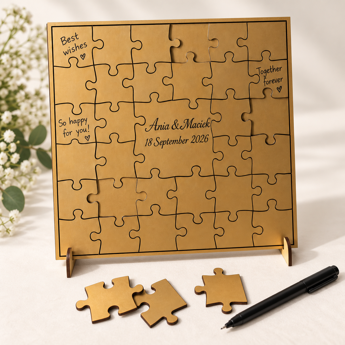 Removable guest-wish puzzle pieces with included marker
