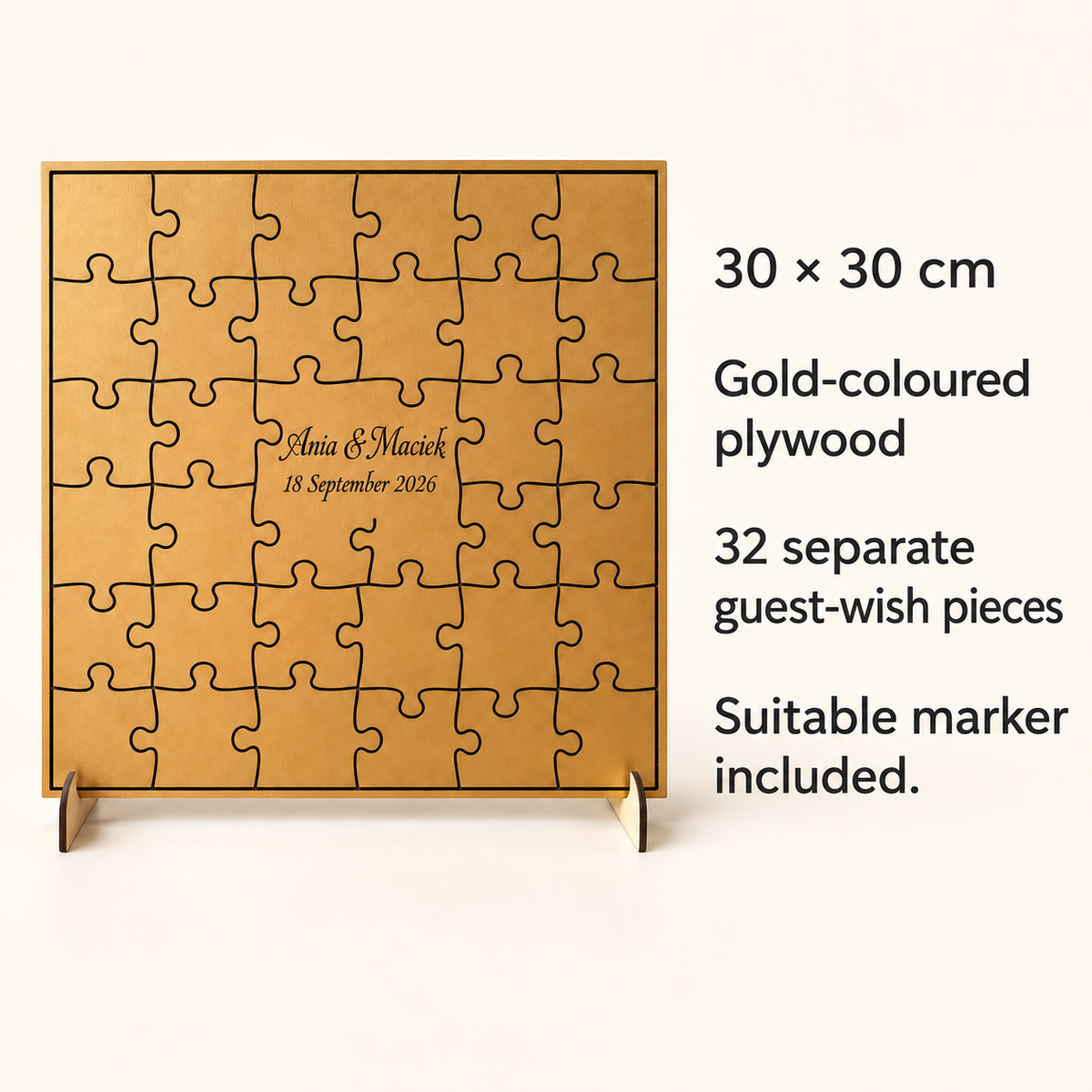 Puzzle guest book size, material and included marker information