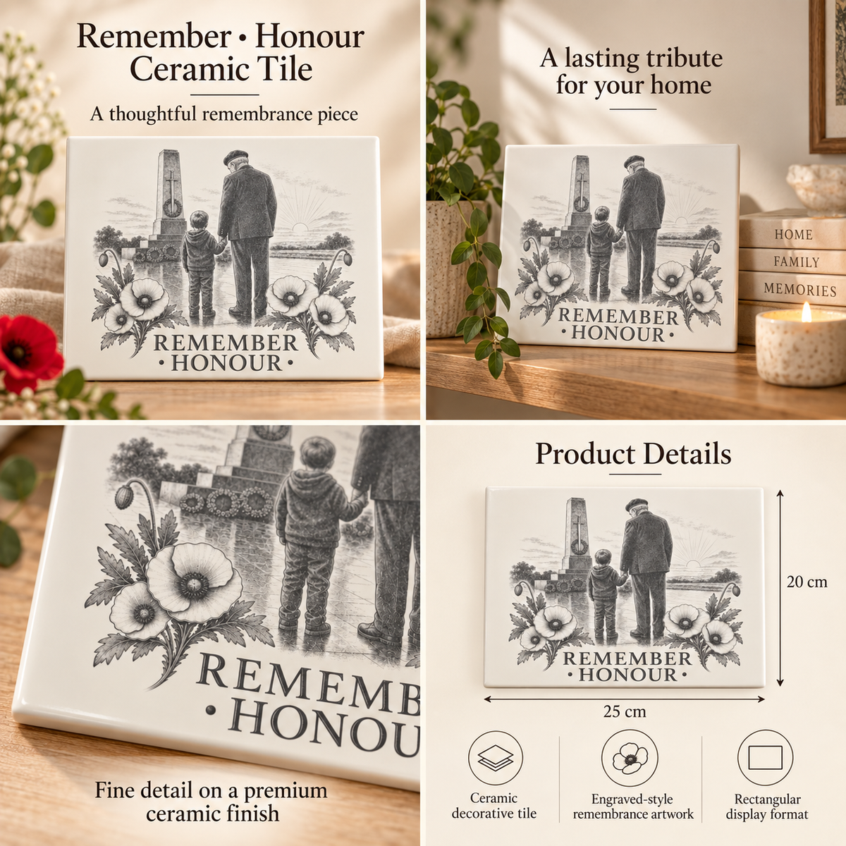 Remember Honour ceramic remembrance tile gallery with lifestyle, detail and product information views