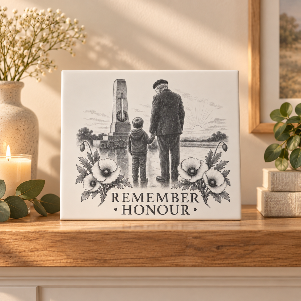 Remember Honour remembrance ceramic tile displayed in a warm neutral home setting