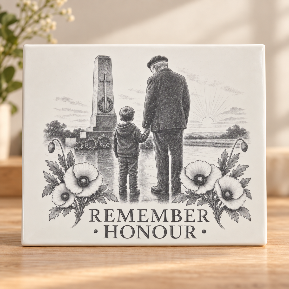 Remember Honour remembrance ceramic tile with grandfather and child, war memorial and poppies