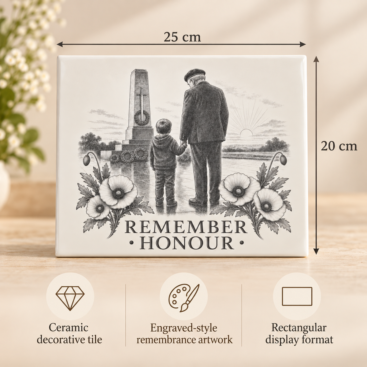 Remember Honour ceramic remembrance tile size guide showing 25 cm by 20 cm rectangular format