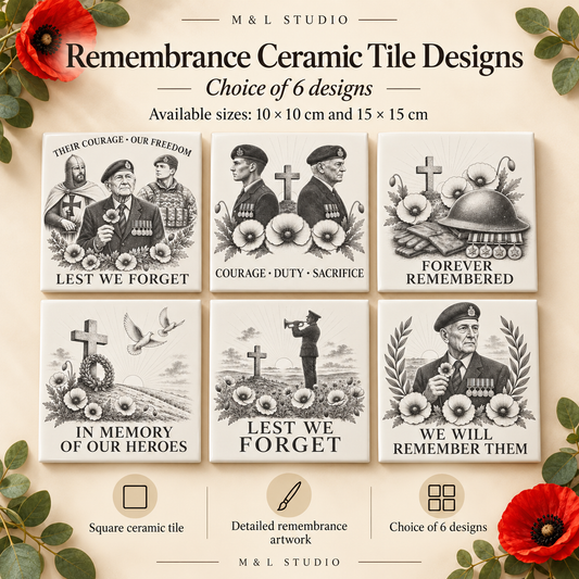 Remembrance ceramic tile collection showing six available designs and sizes