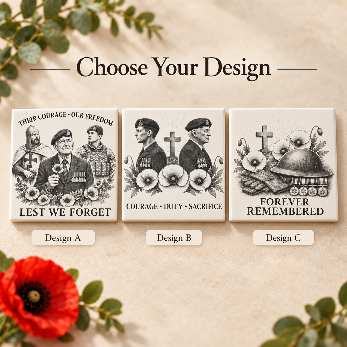 Remembrance ceramic tile design choices shown on a clean neutral background