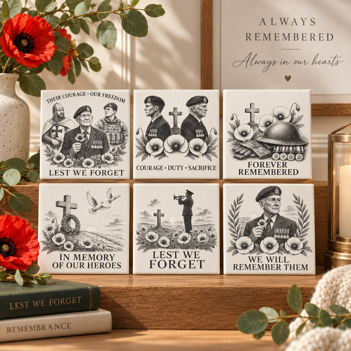 Six remembrance ceramic tile designs displayed in a warm memorial setting