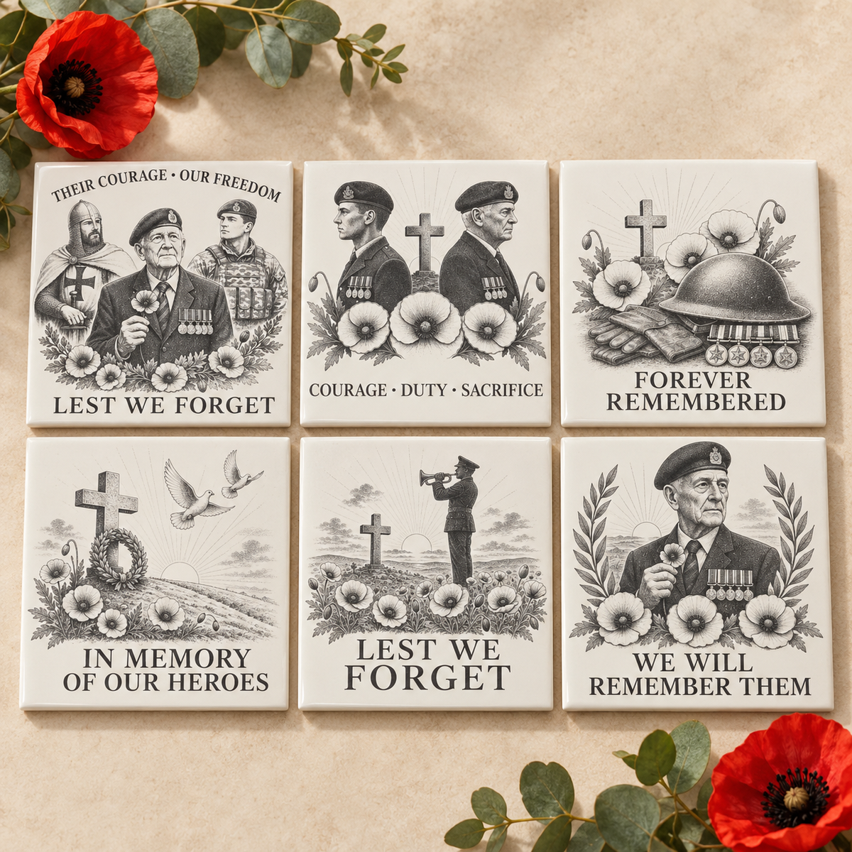 Six remembrance ceramic tile designs styled with poppies and greenery