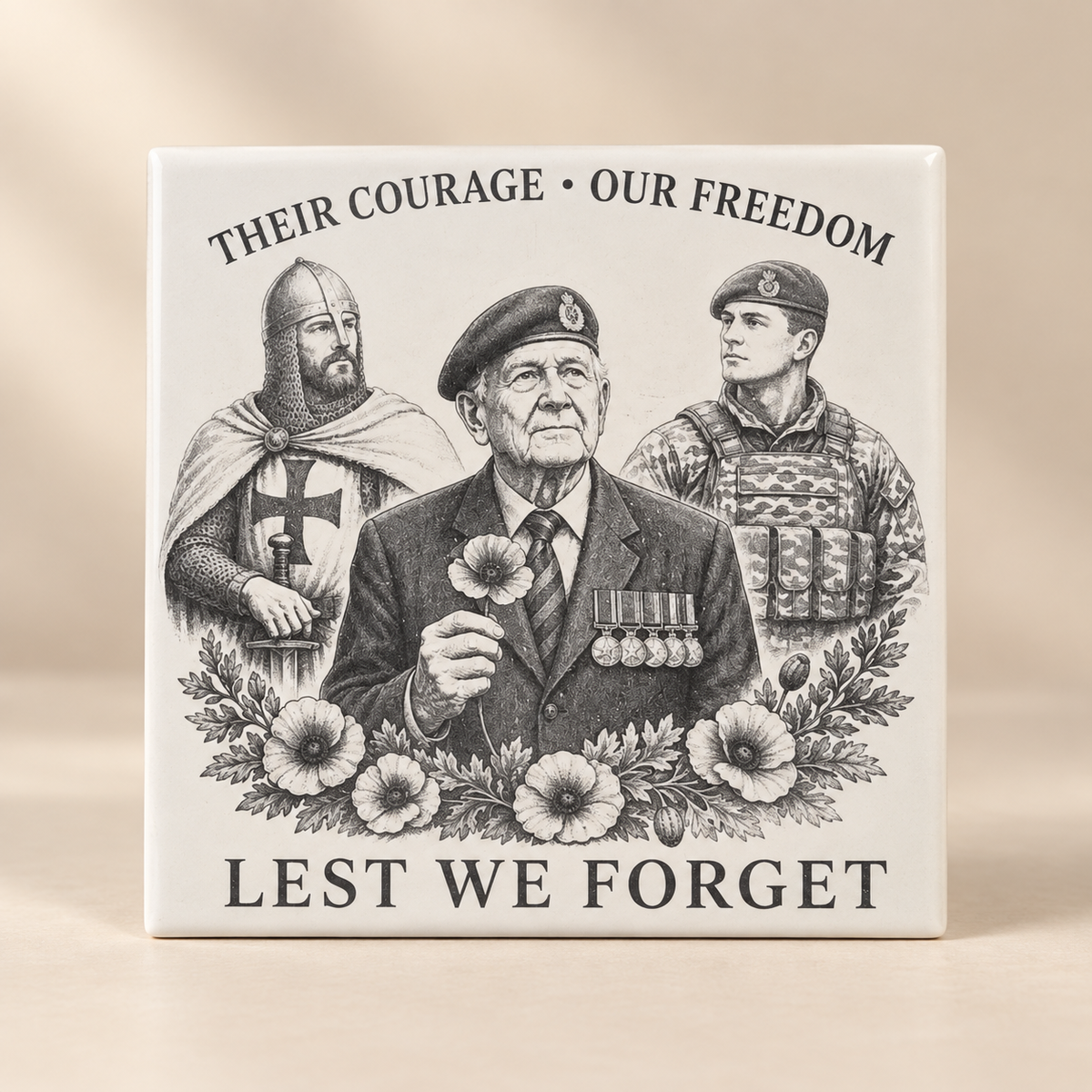 Remembrance ceramic tile Design A with Their Courage Our Freedom and Lest We Forget artwork