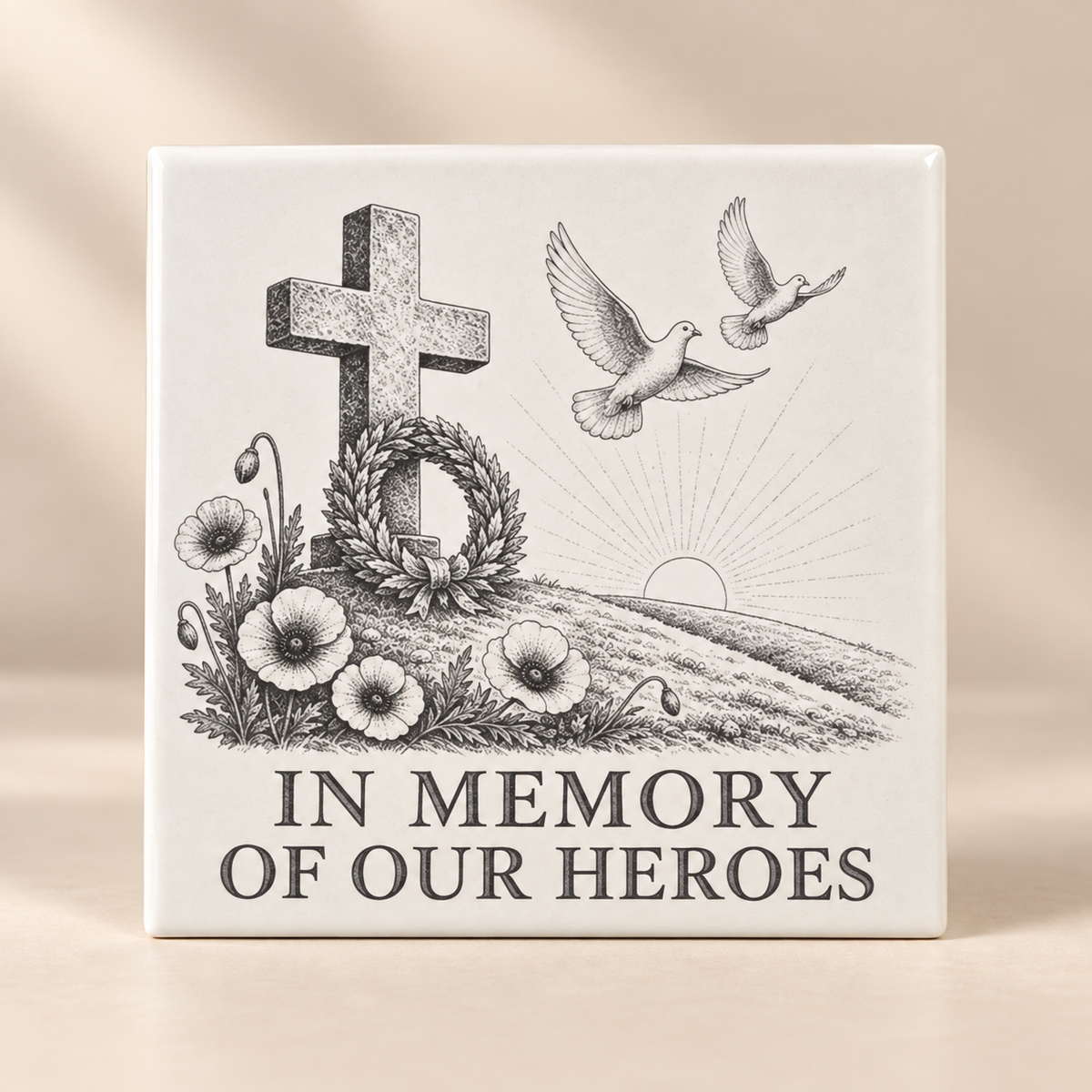 Remembrance ceramic tile Design D with In Memory of Our Heroes artwork
