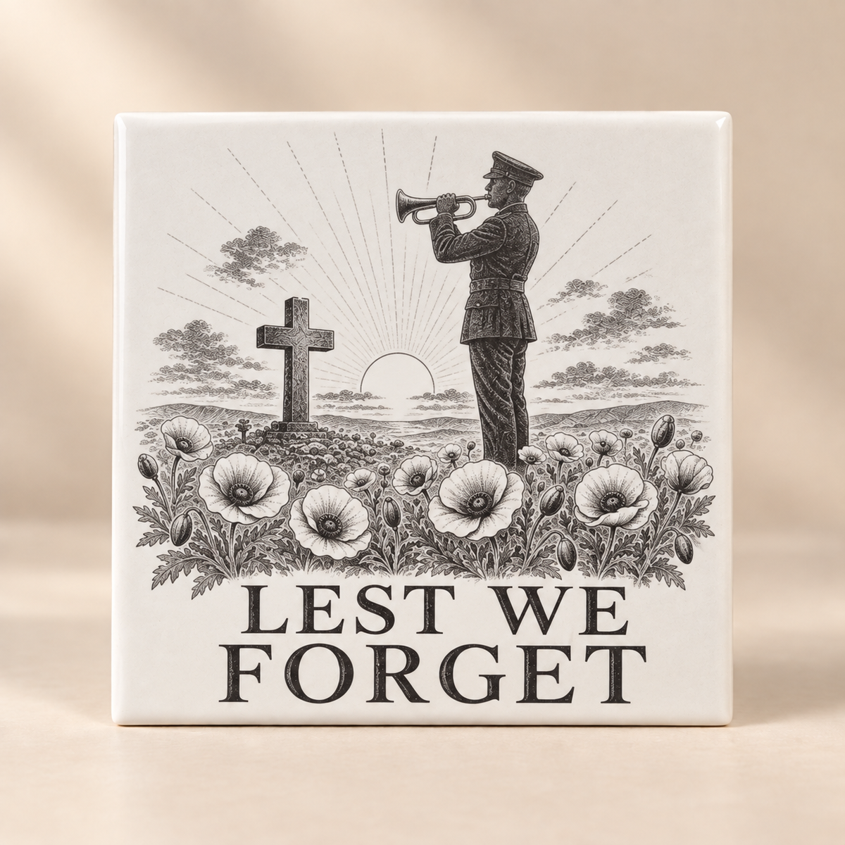 Remembrance ceramic tile Design E with bugler, cross and Lest We Forget artwork