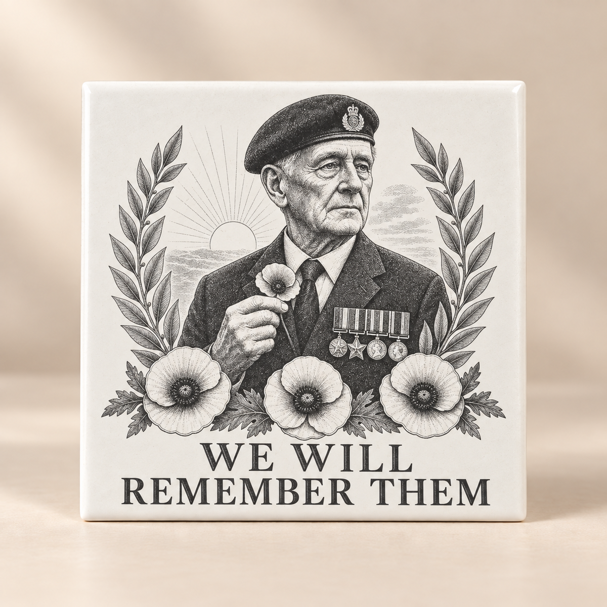 Remembrance ceramic tile Design F with veteran portrait and We Will Remember Them artwork