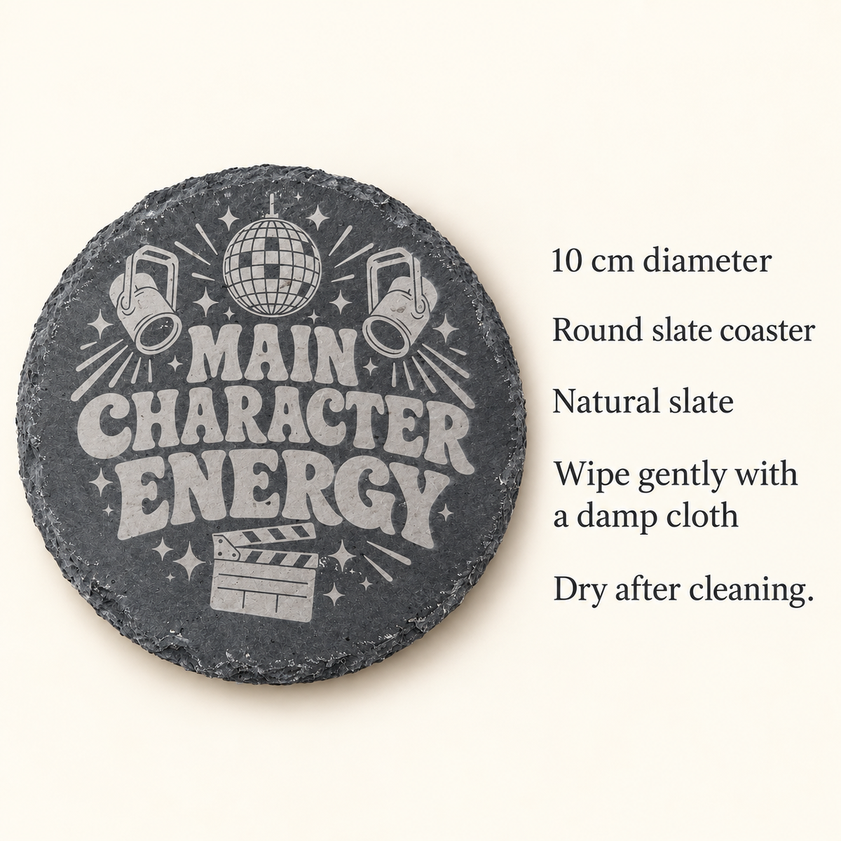 Round slate coaster size and care guide, 10 cm diameter