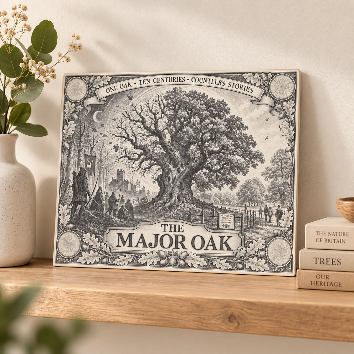 The Major Oak decorative tile displayed on a wooden shelf