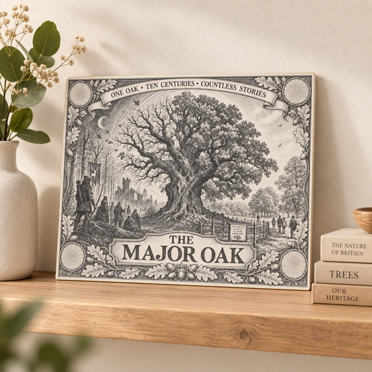The Major Oak decorative tile displayed on a wooden shelf