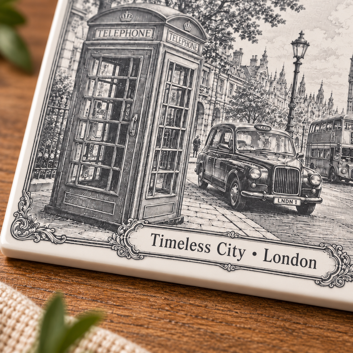 Close-up detail of Timeless City London ceramic tile artwork and engraved-style finish