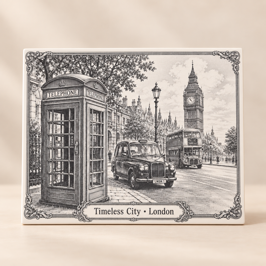Timeless City London ceramic tile with telephone box, black cab, double-decker bus and Big Ben