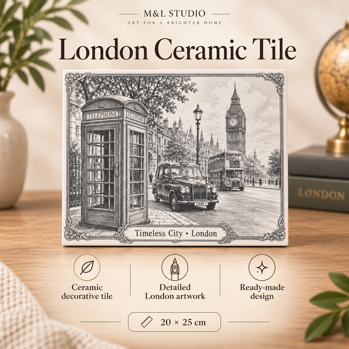 Timeless City London ceramic tile product information image showing ceramic material and 20 by 25 cm size