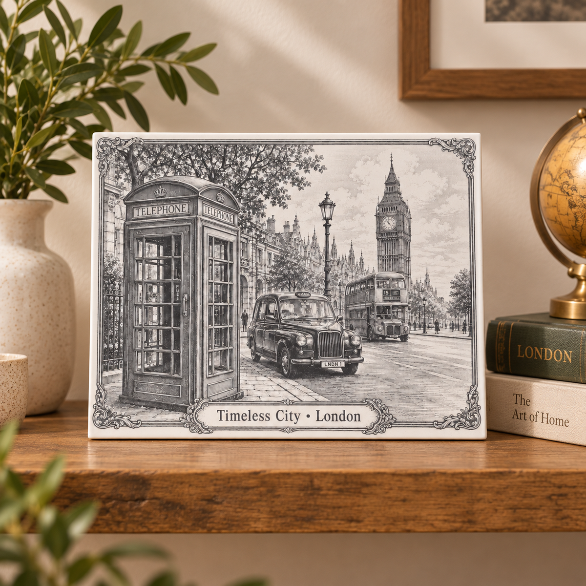 Timeless City London ceramic tile styled on a wooden shelf with neutral decor